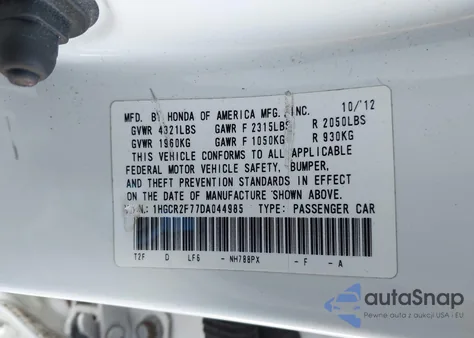 2013 Honda Accord Ex z USA, uszkodzony, nr VIN 1HGCR2F77DA044985